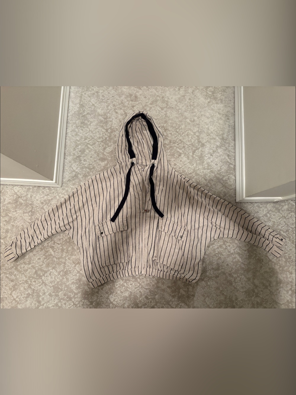 Zara Striped Hooded Utility Jacket in Beige and Navy Trim